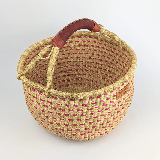 Large Doa Dot Bolga Basket - Pink Dot - Natural Leather Handle The Taylored Collection