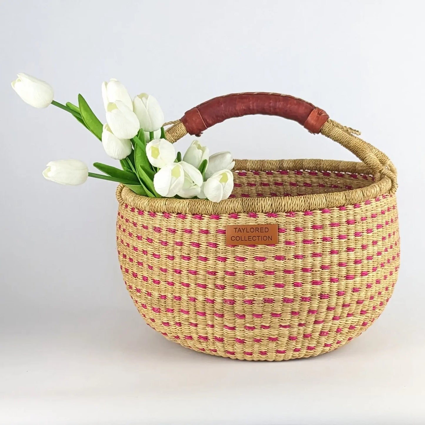 Large Doa Dot Bolga Basket - Pink Dot - Natural Leather Handle The Taylored Collection
