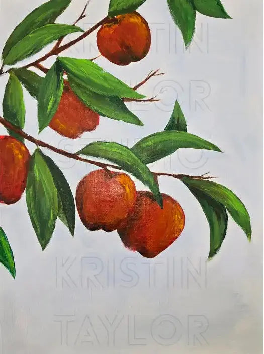 Painting of apples on a branch with green leaves by Kristin Taylor