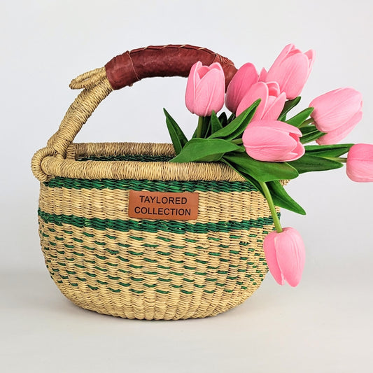 Flora Green Petite Bolga Basket - Leather Handle