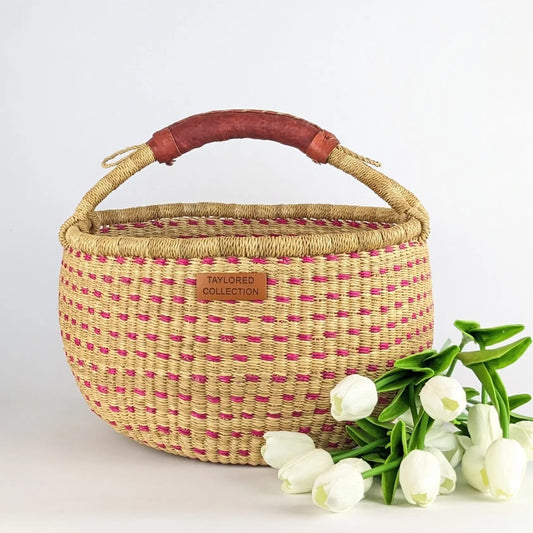 Large Doa Dot Bolga Basket - Pink Dot - Natural Leather Handle The Taylored Collection