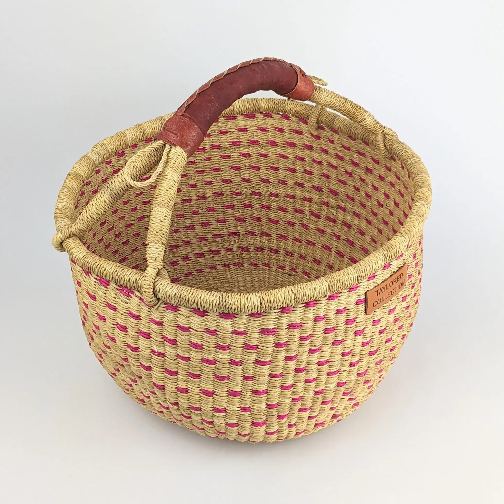 Large Doa Dot Bolga Basket - Pink Dot - Natural Leather Handle The Taylored Collection