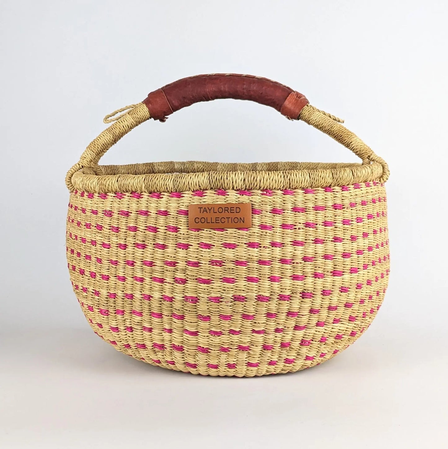 Large Doa Dot Bolga Basket - Pink Dot - Natural Leather Handle The Taylored Collection