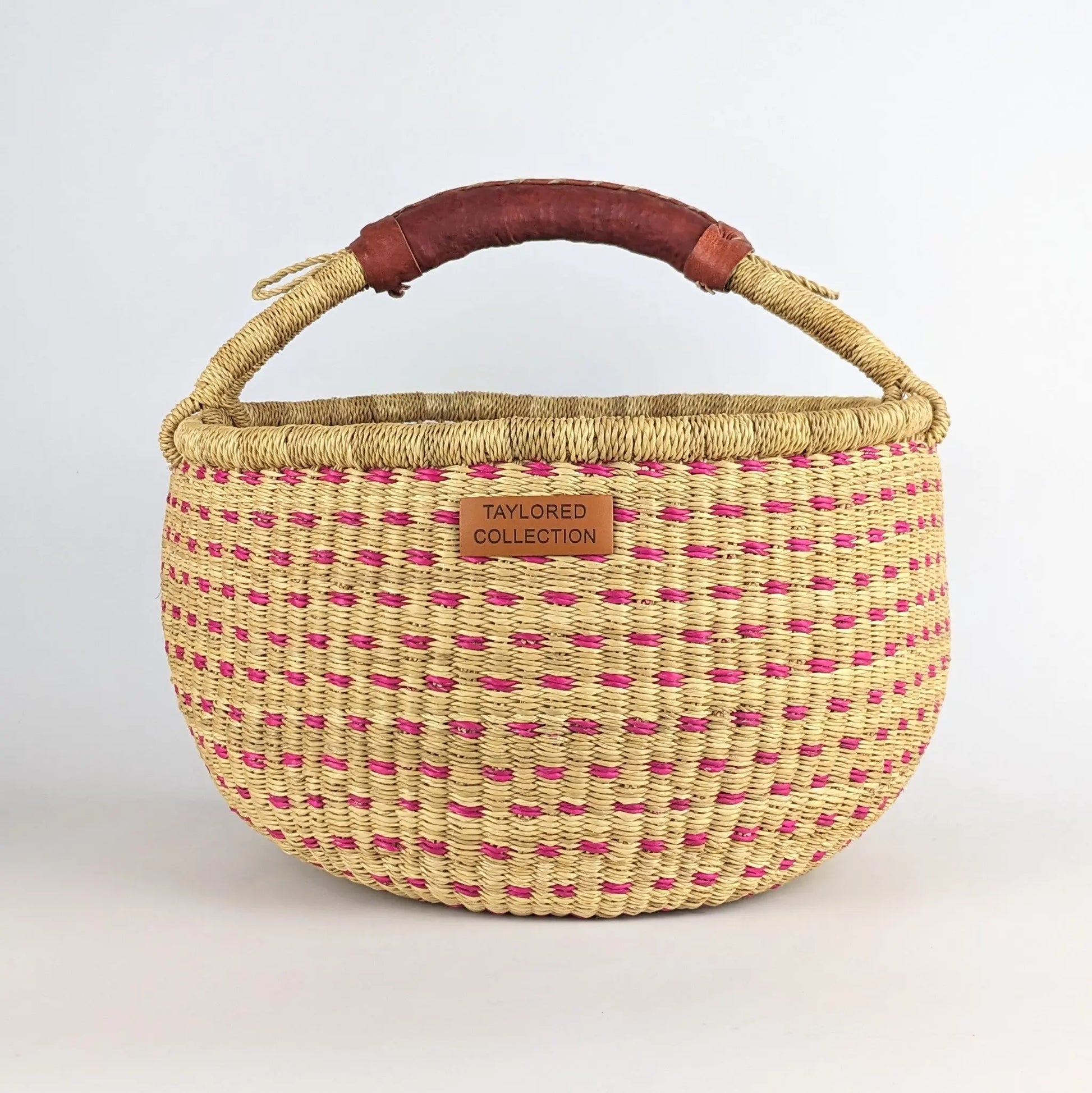 Large Doa Dot Bolga Basket - Pink Dot - Natural Leather Handle The Taylored Collection