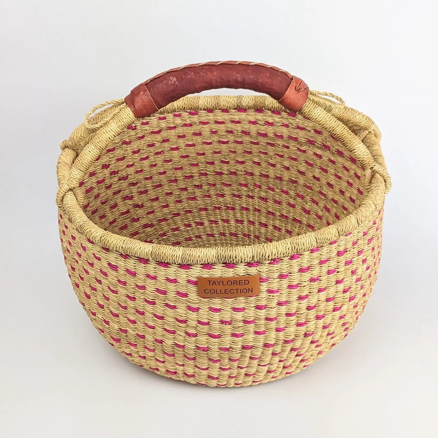 Large Doa Dot Bolga Basket - Pink Dot - Natural Leather Handle The Taylored Collection