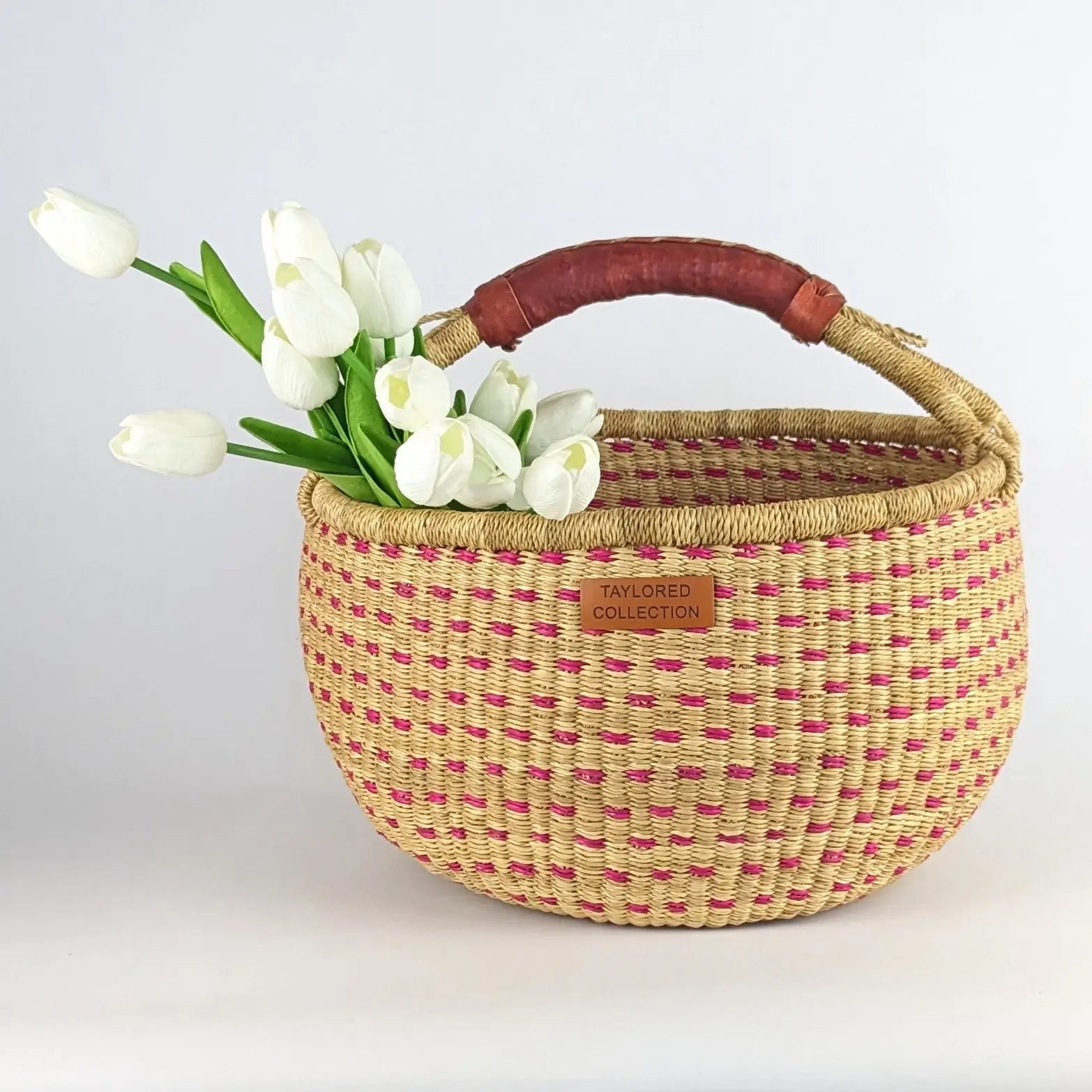 Large Doa Dot Bolga Basket - Pink Dot - Natural Leather Handle The Taylored Collection