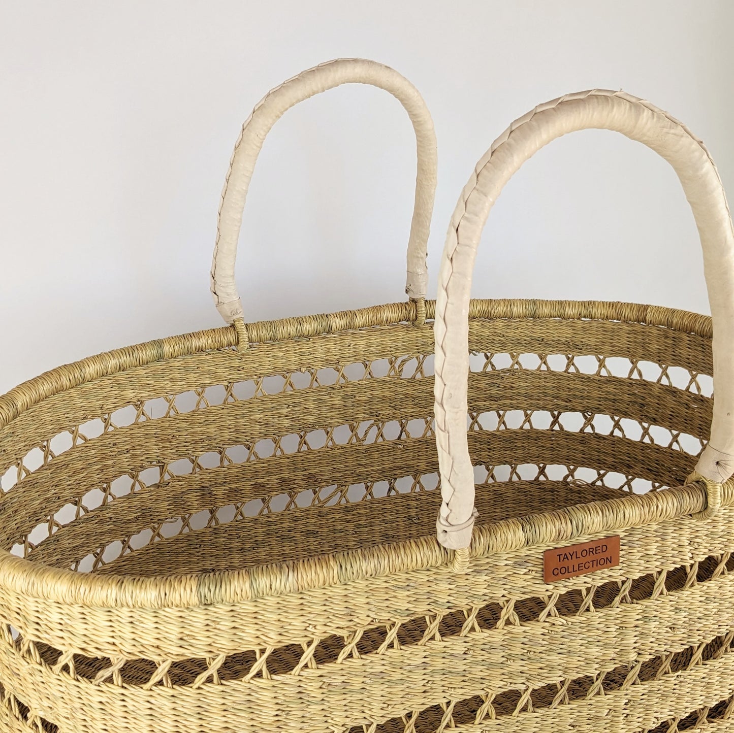 Open Weave Moses Basket w/ Cream Leather