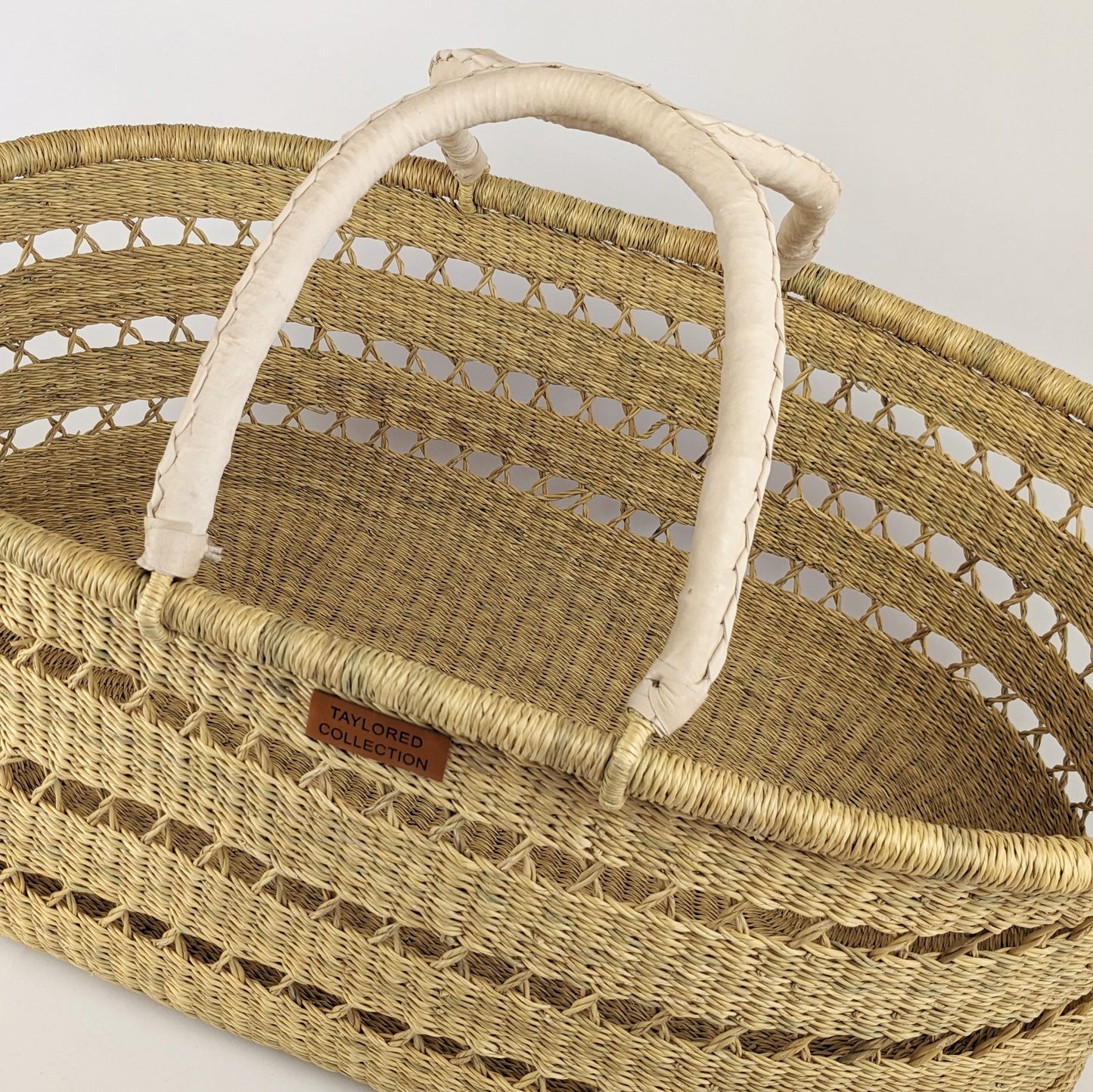 Open Weave Moses Basket w/ Cream Leather