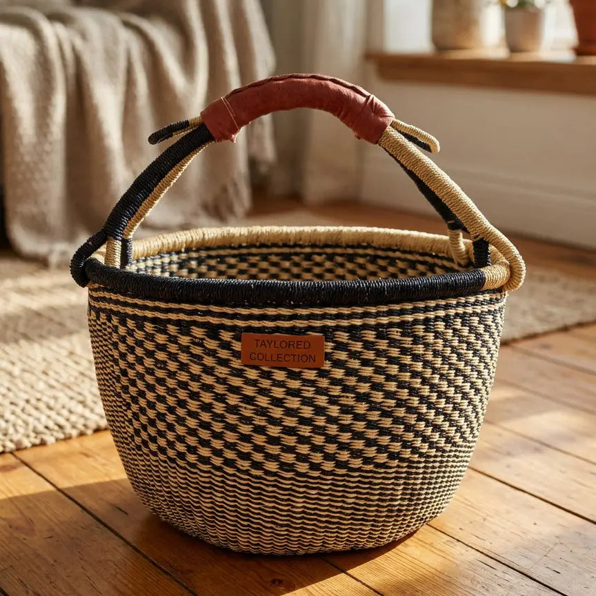 A woven basket-style handbag with a black and natural beige patterned body, a brown leather handle wrap, and a small brown leather patch reading 'TAYLORED COLLECTION' on a light gray studio background.