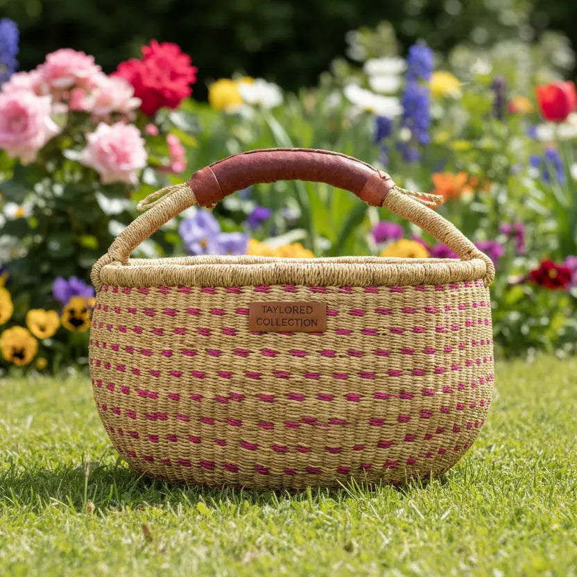 Large Doa Dot Bolga Basket - Pink Dot - Natural Leather Handle The Taylored Collection Leather Logo Label