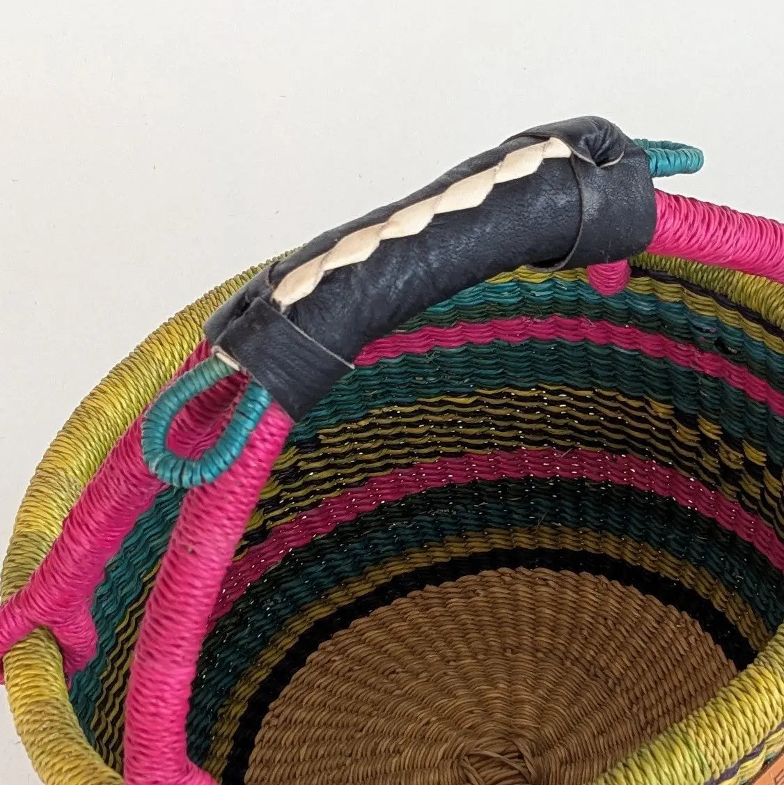 closeup of the handle with Black leather