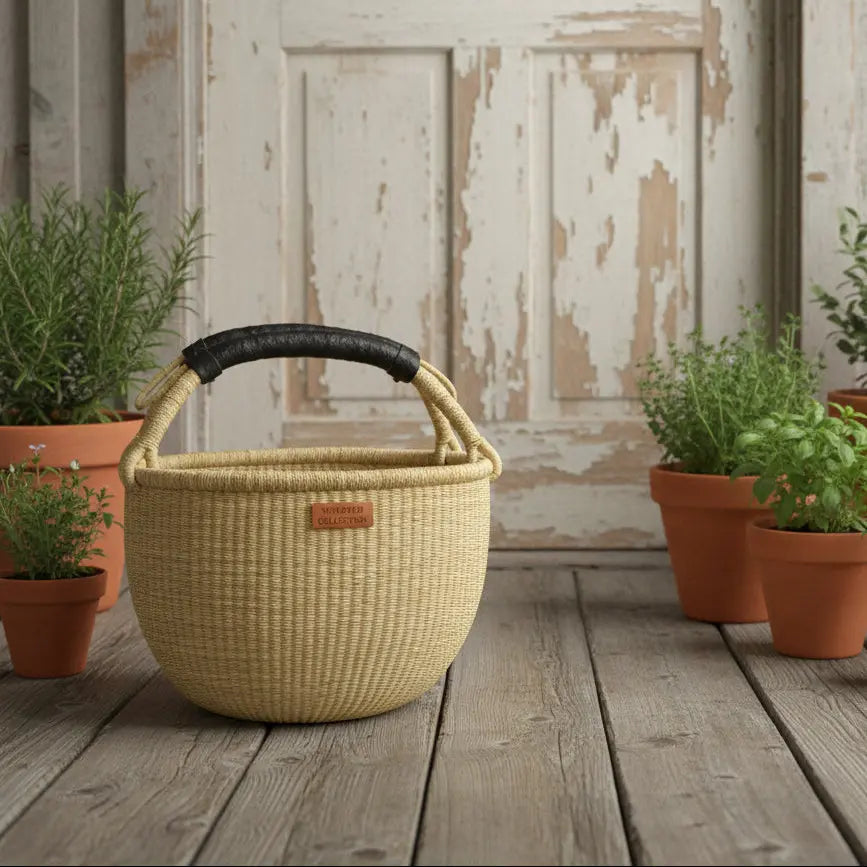 Woven basket with a black handle on a light gray background