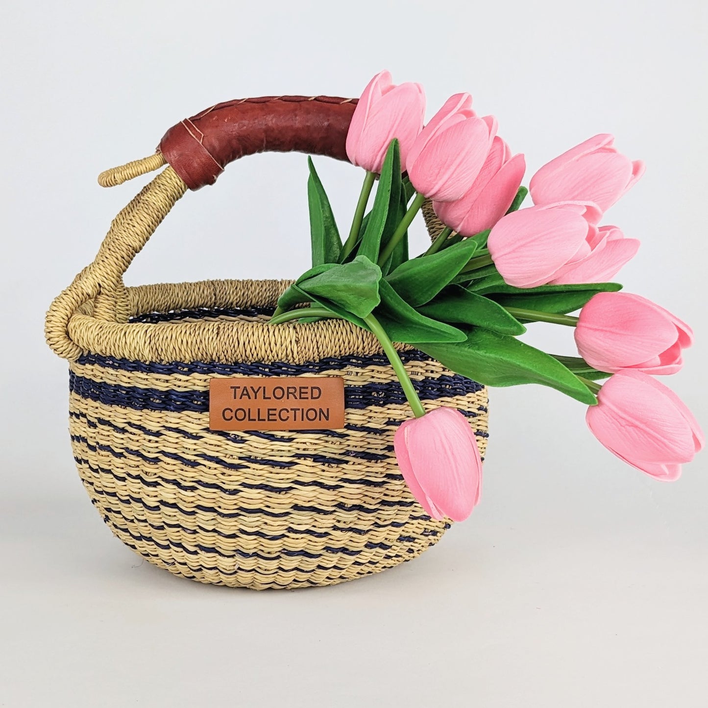 Flora Navy Mini Bolga Basket - Leather Handle