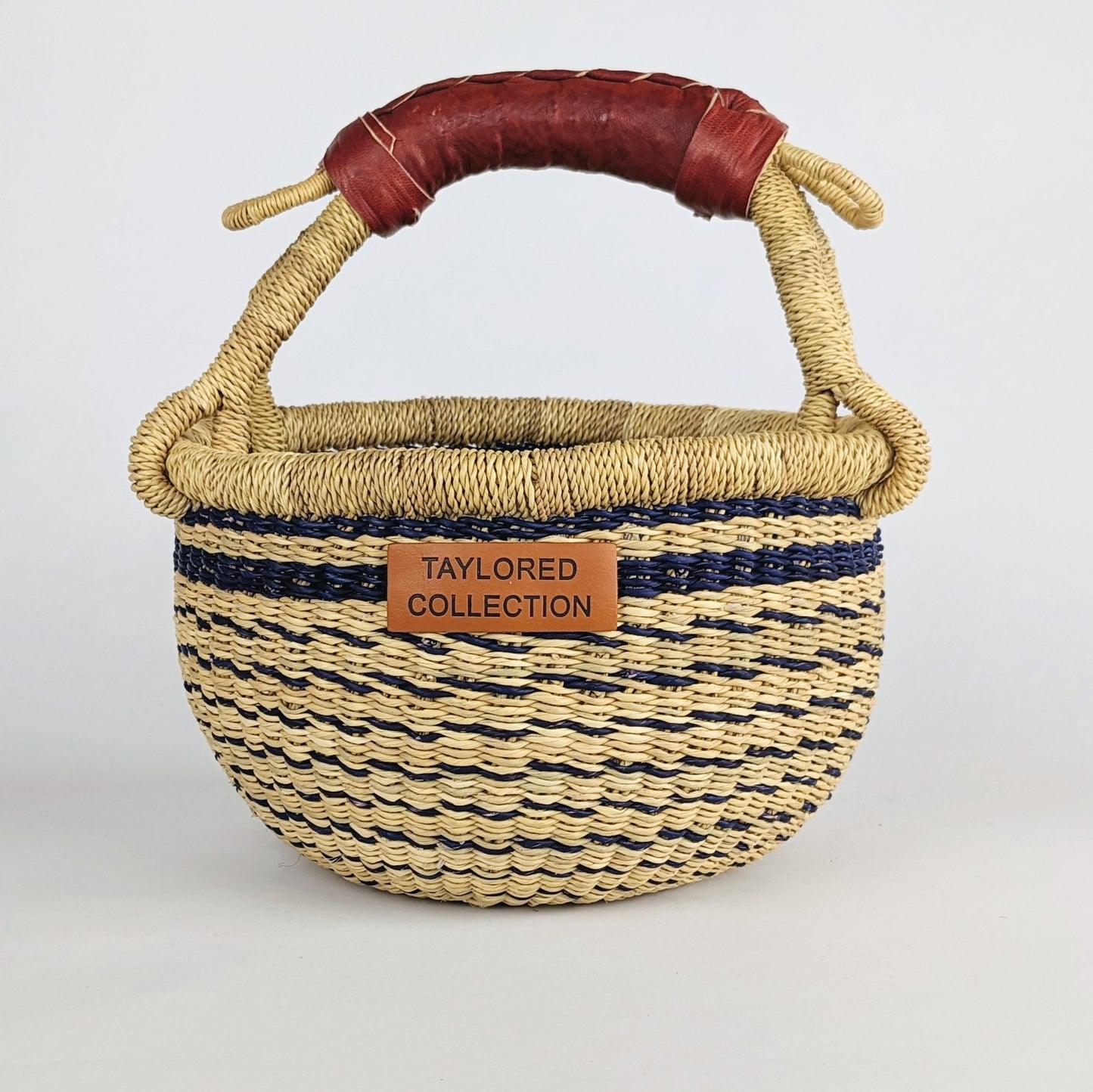 Flora Navy Mini Bolga Basket - Leather Handle