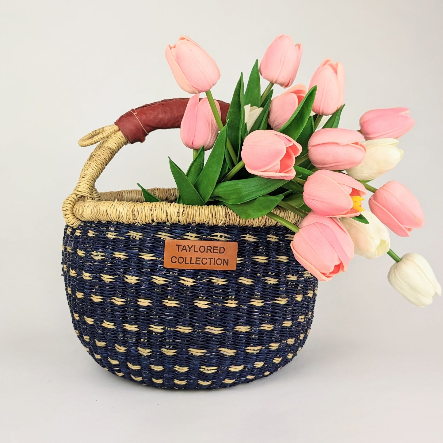 Ejo Navy Petite Bolga Basket - Natural Leather Handle