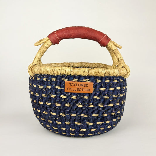 Ejo Navy Petite Bolga Basket - Natural Leather Handle