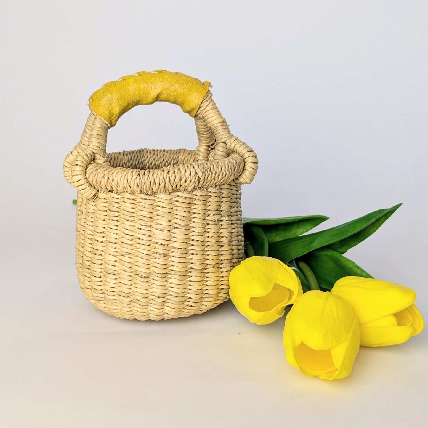 Natural Mini Basket - Yellow Leather